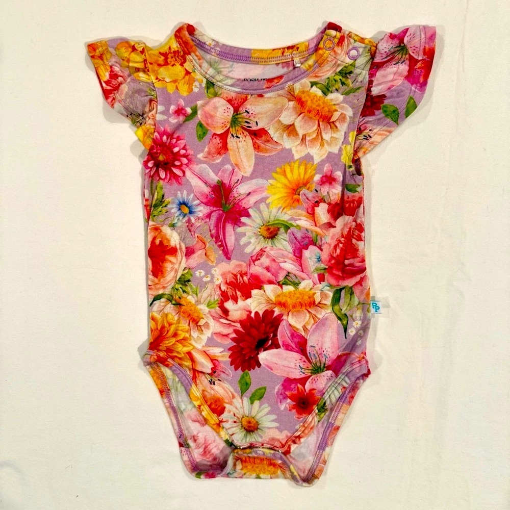 Posh Peanut Nala Ruffled Bodysuit Girls 6-12M Floral Onesie Flowers Bamboo Lilac